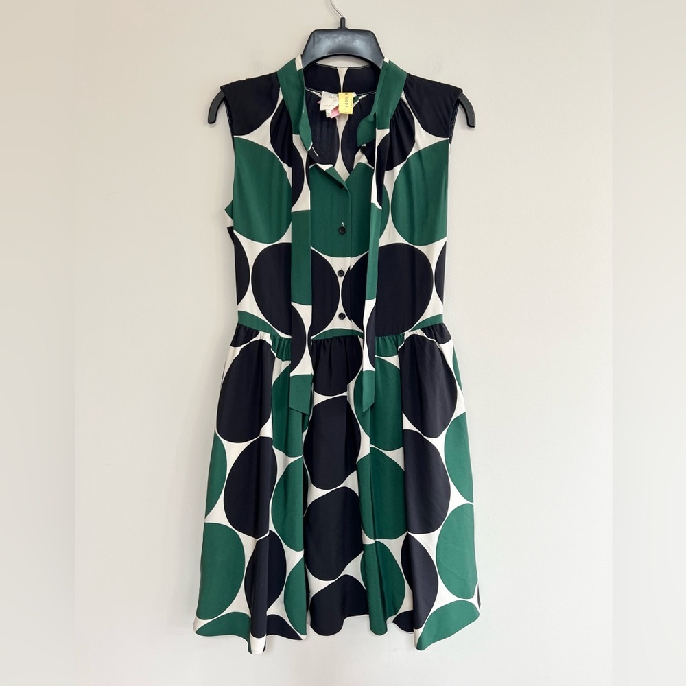Kate Spade Willa Silk Sleeveless Tie Neck Dot Dress in Green and Black, size 0 - Picture 3 of 12